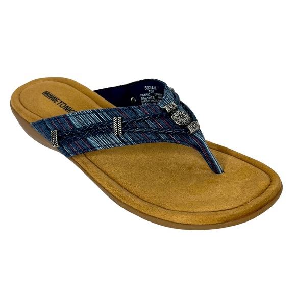 Minnetonka Blue Silverthorne Thong Slide Fabric And Leather Sandals Size 10M - Picture 1 of 14
